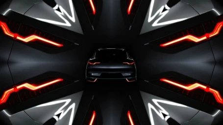 Symmetrical kaleidoscopic view of a dark luxury car rear with glowing red taillights and white abstract reflections.