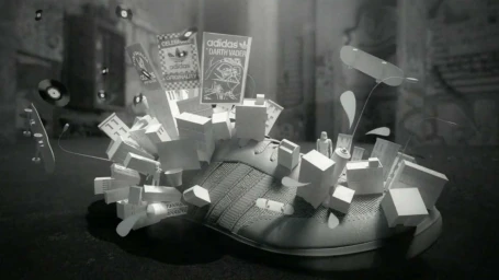 Monochrome paper art animation frame featuring an Adidas sneaker covered in tiny paper buildings and floating vinyl records.