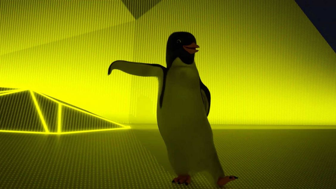 Animation of a black and white penguin standing against a bright yellow patterned background with geometric shapes and digital textures.