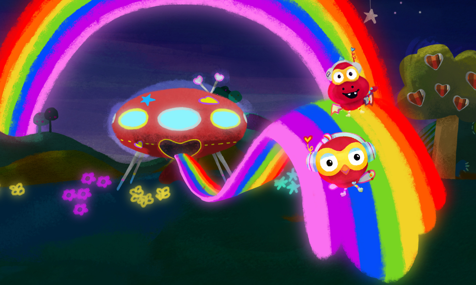 Colorful cartoon illustration of a red UFO and two animated creatures traveling on a rainbow in a magical, dreamlike landscape at night.