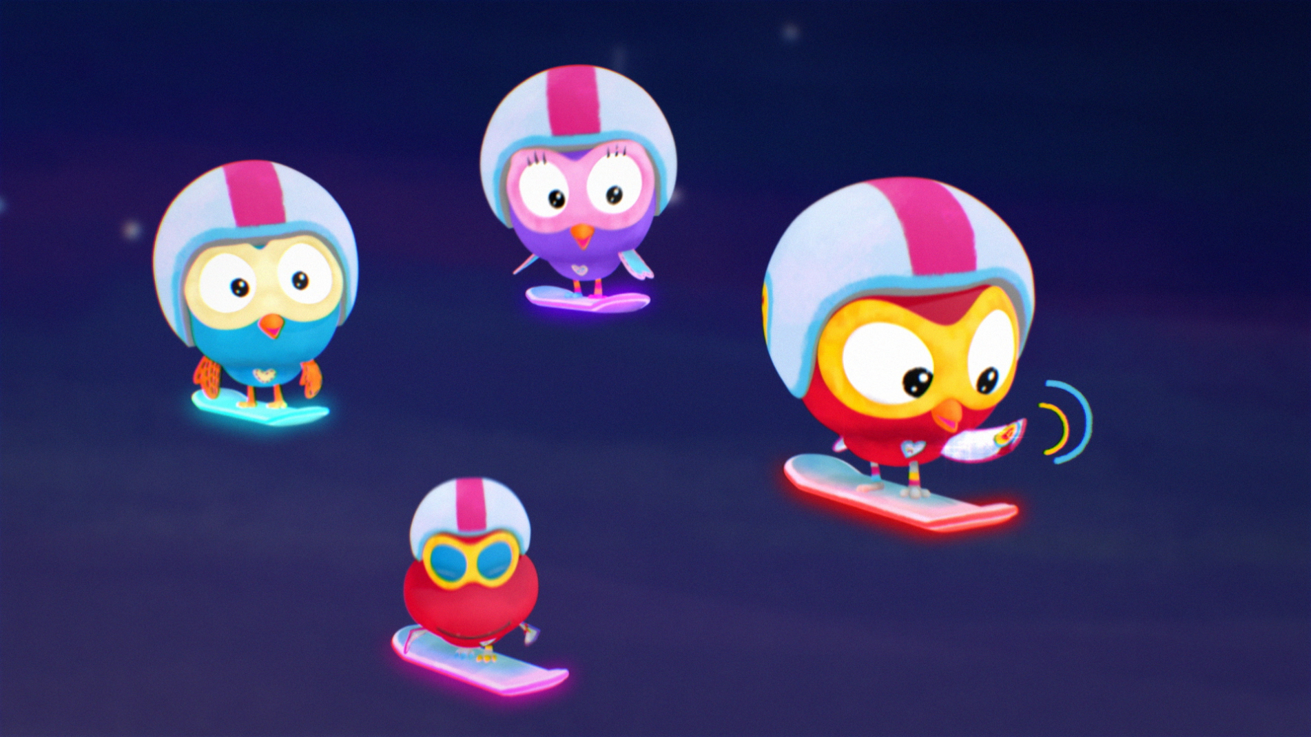 Animated owls wear helmets and ride snowboards against a dark blue background with white specks, suggesting a night skiing scene.