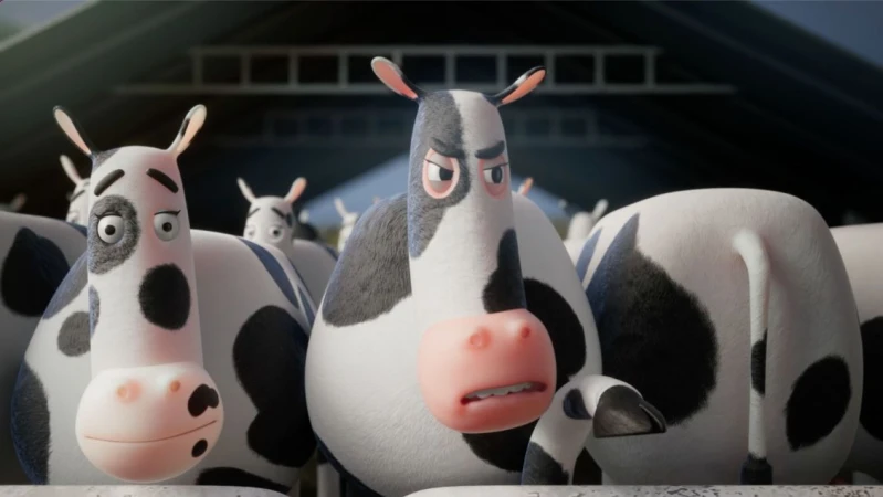 Animated image features several black-and-white cows inside a barn, focusing on two cows with distinctive expressions and features.