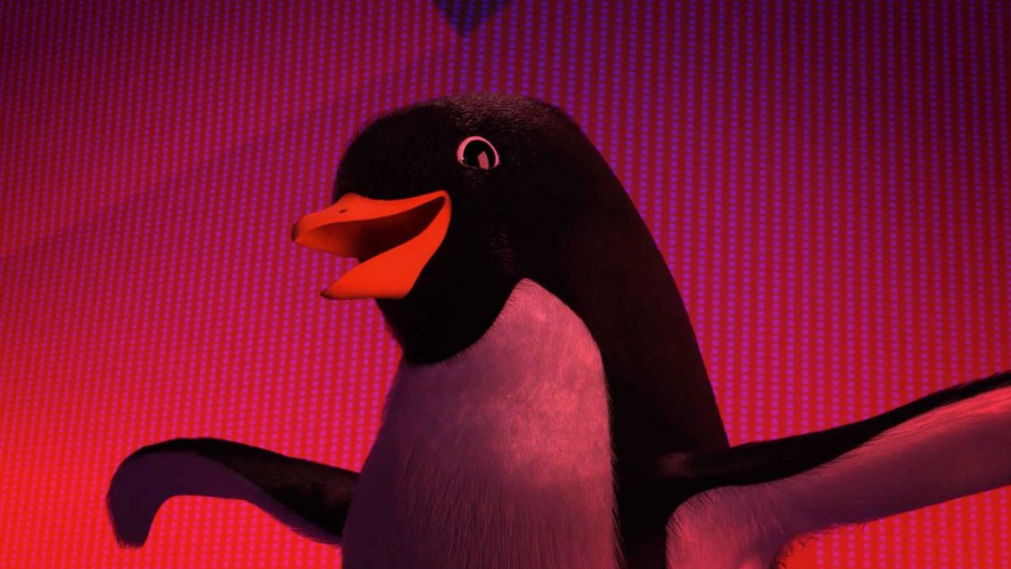 Animated penguin character against a pink and red patterned backdrop with bright, saturated colors and digital art style.