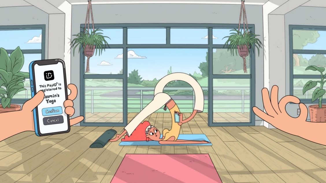 Animated image of woman in yoga pose indoors, using phone for yoga payment, with indoor plants and large windows in the background.