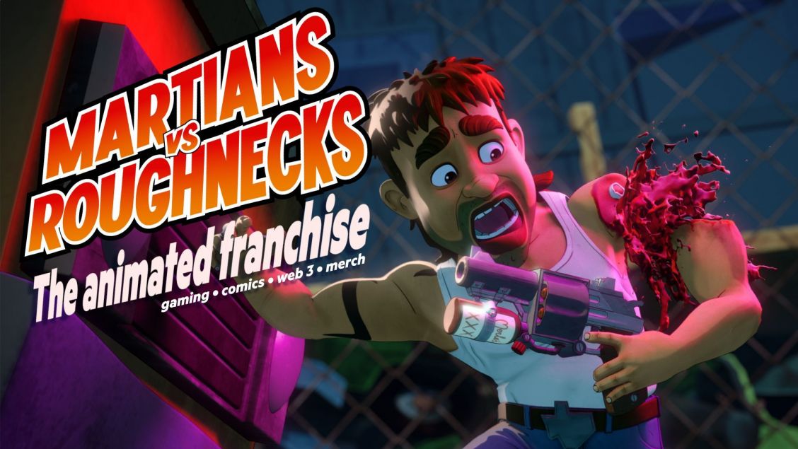 Animated character with blood effects, holding a sci-fi gun, with animated franchise title text in front of a chain-link fence backdrop.
