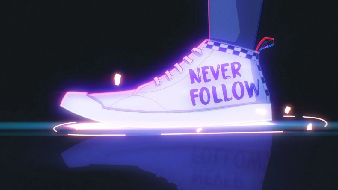 Artistic depiction of a white sneaker with the text 'NEVER FOLLOW' in purple, glowing on a reflective surface, with a dark background.