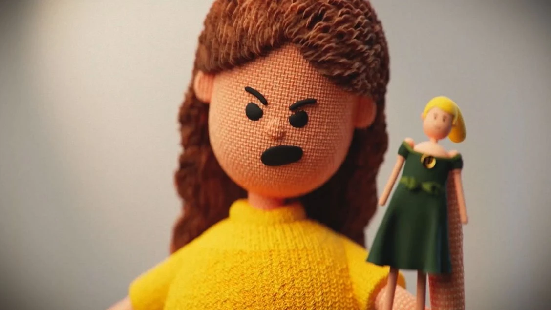 Stylized rendering of a woman doll with an angry expression holding a smaller blonde doll in a yellow and grey gradient setting.