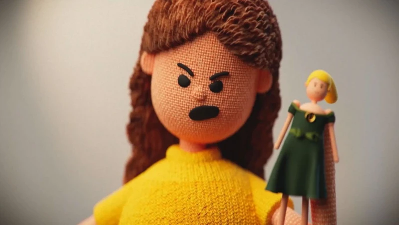 Stylized rendering of a woman doll with an angry expression holding a smaller blonde doll in a yellow and grey gradient setting.