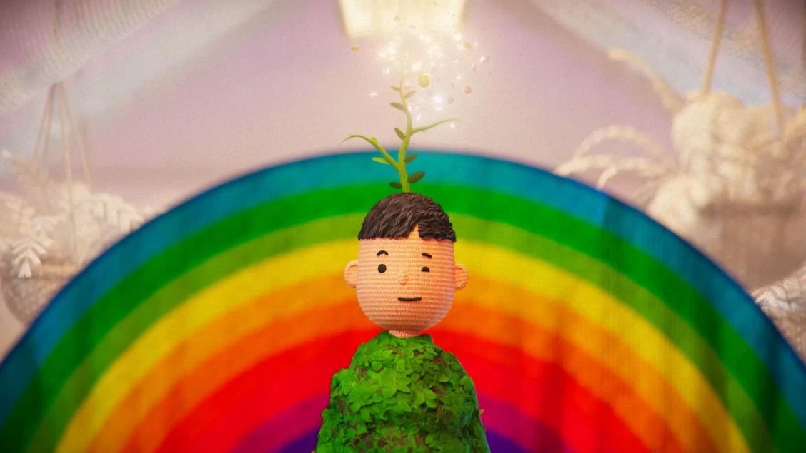 Illustration of an animated person with a plant growing out of their head in front of a rainbow and sheer white curtains.