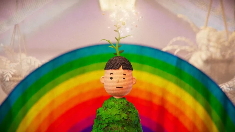 Illustration of an animated person with a plant growing out of their head in front of a rainbow and sheer white curtains.