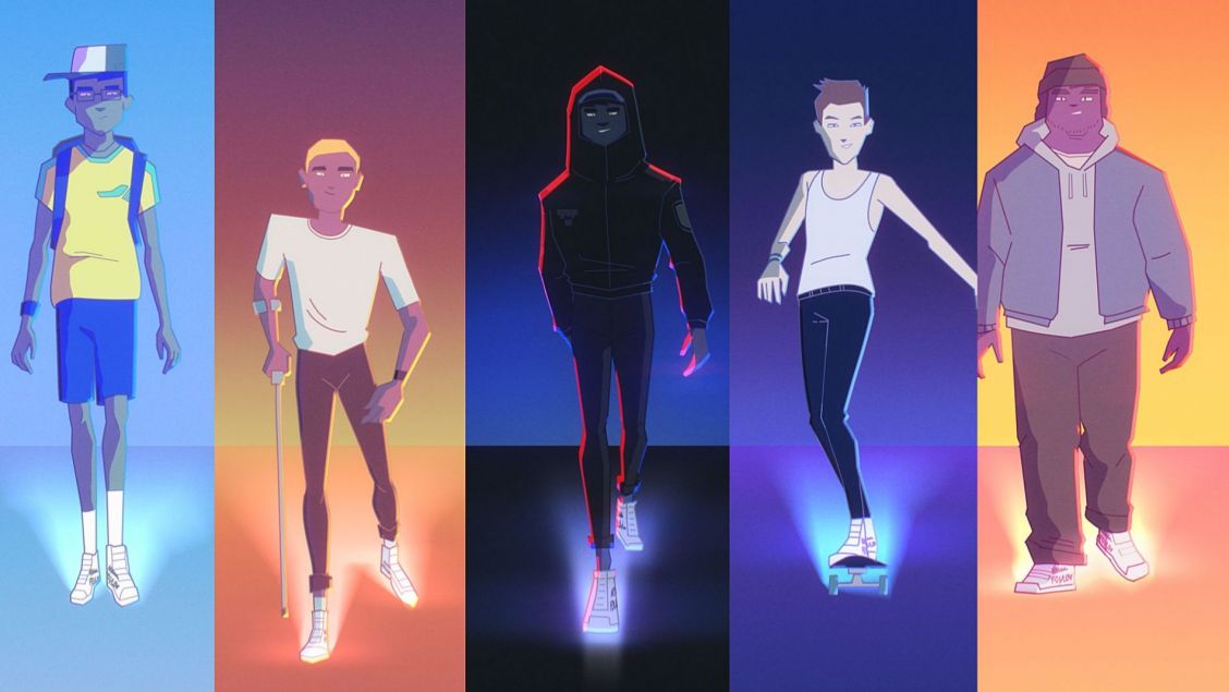 Animated figures of five young men are shown standing in a row, wearing casual outfits and sneakers, against color-blocked gradient backgrounds.