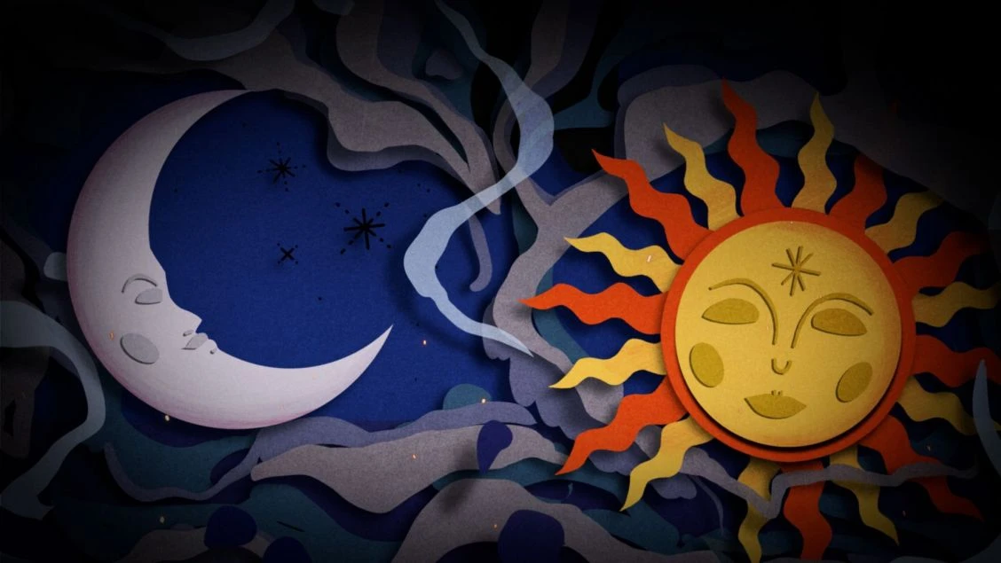 Cartoonish illustration of a crescent moon with a face opposite a smiling sun with rays, against a dark blue sky with clouds.