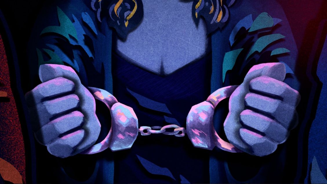 Illustration of a person with handcuffs, wearing a blue and black dress with gold trim, against a dark blue and red patterned background.