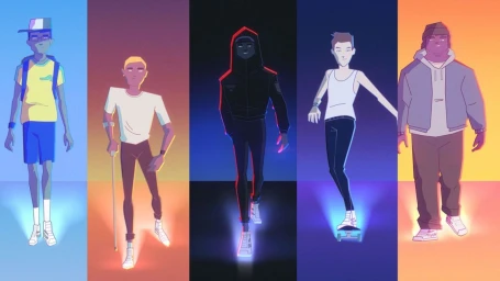Animated illustration of five diverse characters walking in vertical color panels directed by Alan Dickson.