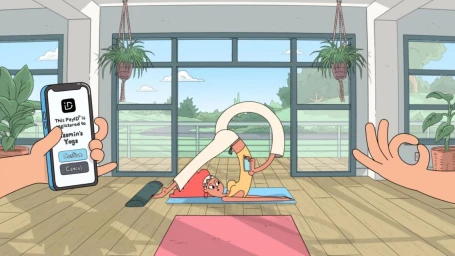 Illustrated character practicing yoga in a bright room while hands hold a smartphone and display payment details