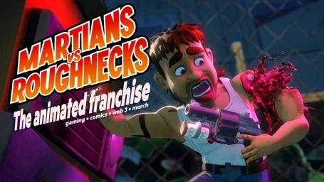 Animated male character holding a futuristic weapon with a severely injured arm against a chain-link fence background