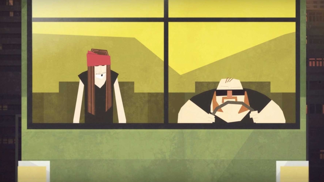 Animated shot of two stylized cartoon men sitting in front of a window in a simplified urban environment with an angular, modern design.