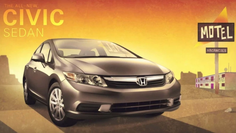Illustration showcasing a gray Honda Civic sedan parked on a road with a motel and building outlines under a warm sunset sky.