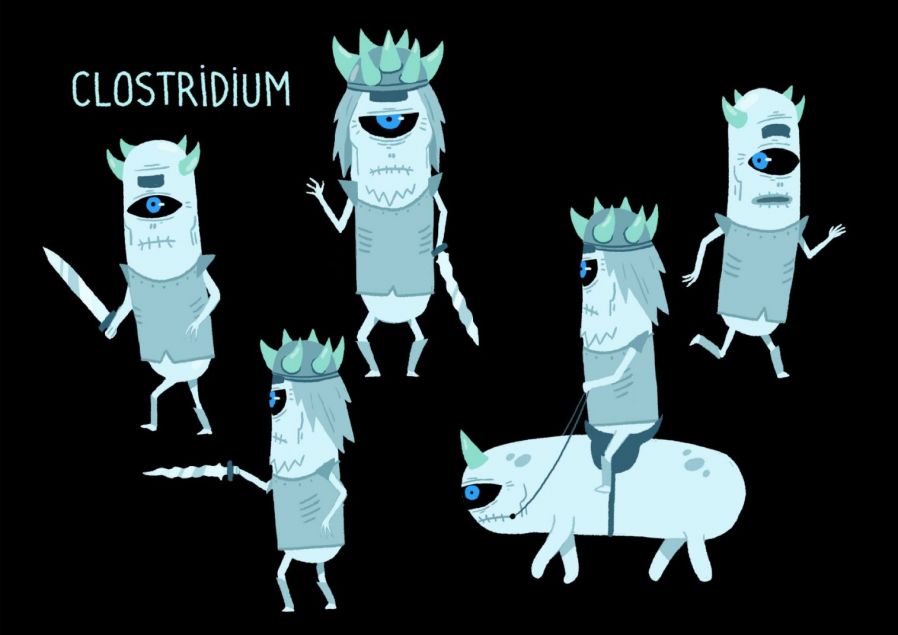 Animated illustration of blue cartoon pill-shaped characters wearing horned crowns and carrying weapons against a black background.