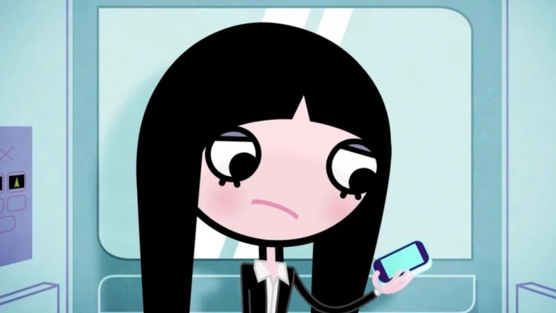 Animated cartoon woman in black suit using a smartphone in an elevator with pale blue walls and elevator buttons visible.