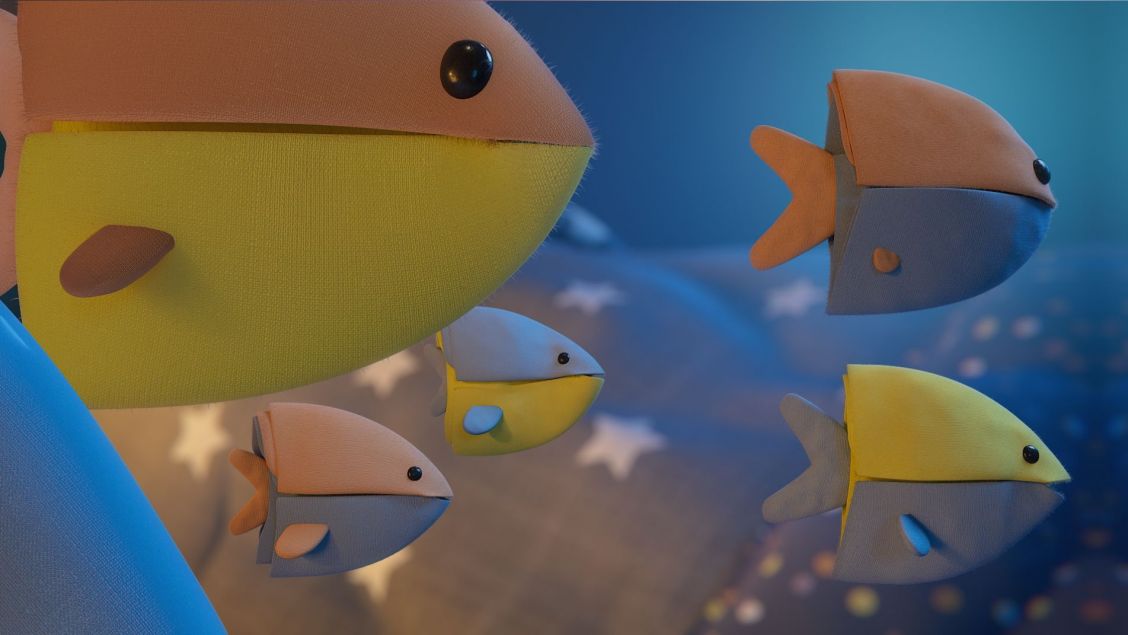 Animated image features five stylized fish, colored in pastel shades of yellow, blue, and orange against a backdrop of blurred blue.