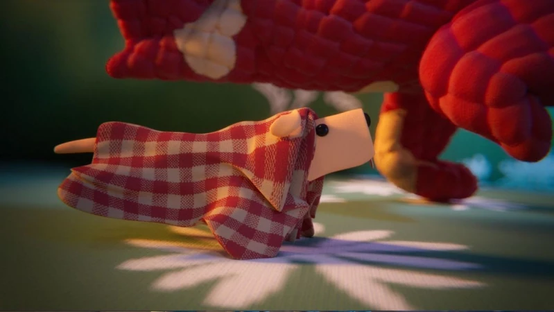Animated scene of a dog-like figure draped with red and white checkered cloth, shadowed by a red monster-like form, bright light on floor.
