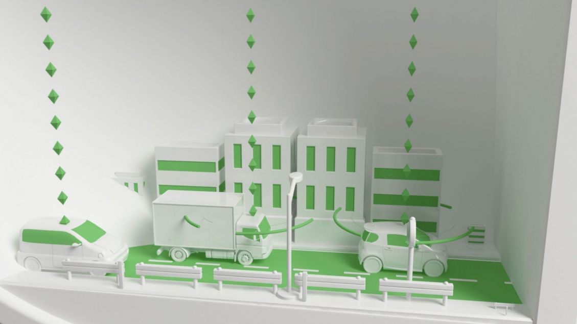 Illustration of a street scene with a white van, compact car, and charging electric car in front of stylized buildings.