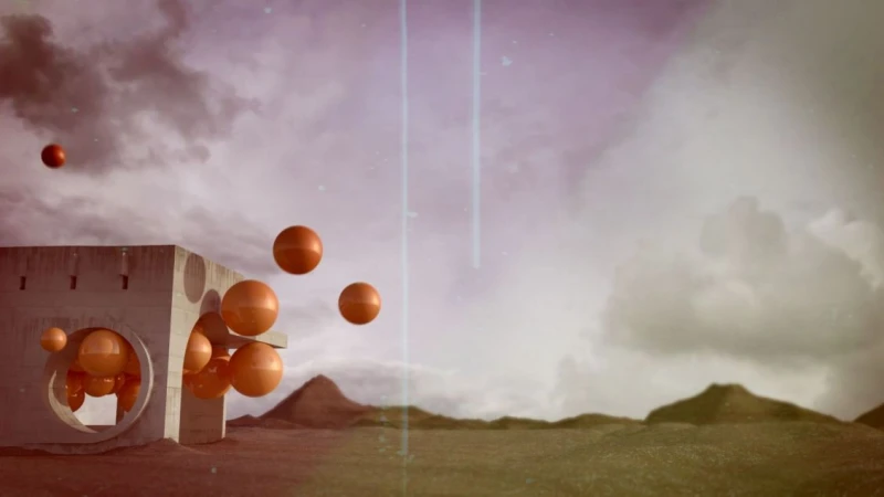 Surreal architectural scene featuring a minimalist concrete structure, orange spheres, and a cloudy sky over a vast, empty landscape.