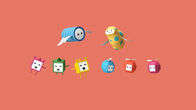 Animation with various colorful 3D cartoon characters, including flying and walking robots, on a red coral background.