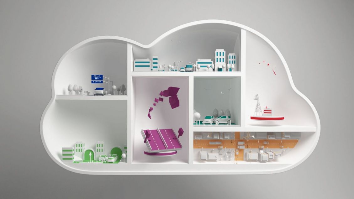 Whimsical cloud shelf displaying miniature cityscapes and landscapes, featuring toy vehicles, buildings, and abstract geometric shapes.