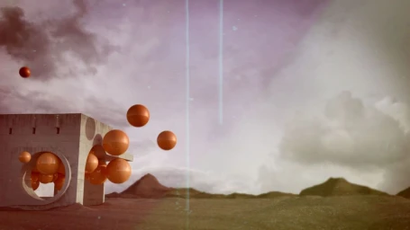 Surreal digital artwork by Mr Kaplin featuring glossy orange spheres floating near a concrete structure against a cloudy landscape