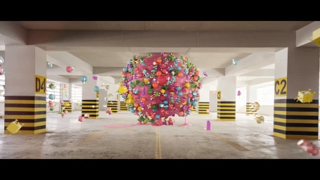 A massive textured pink sphere covered in small colourful objects floating inside an underground parking garage by Mr Kaplin