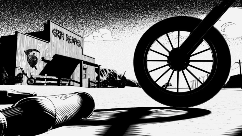 Black-and-white graphic art scene features a motorcycle wheel, a building with 'Grim Reaper' sign, bottles, set against a starry sky.