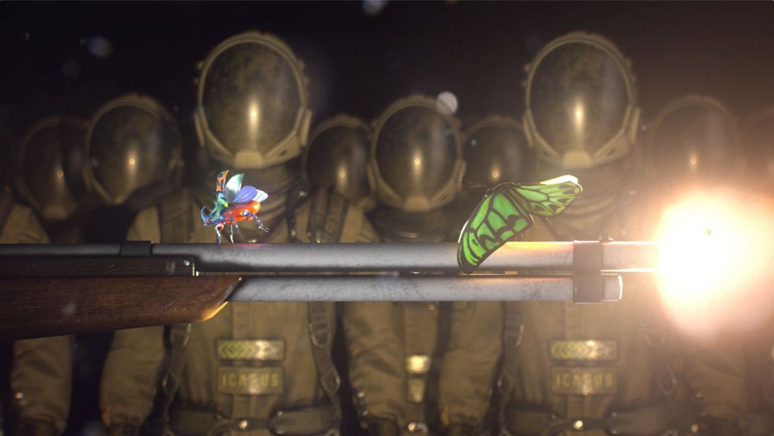 Animation shows insect and butterfly on a rifle with a background of uniformed figures, creating a surreal and thought-provoking visual narrative.