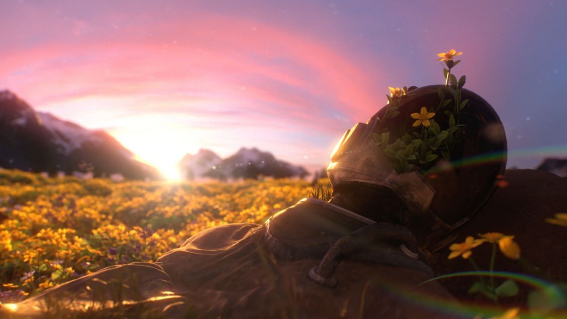Astronaut helmet on field of yellow flowers under pink sunrise sky with mountains in background, creating surreal, nature scene.