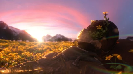 An astronaut helmet filled with blooming yellow flowers rests in a sunlit meadow during a vibrant pink and golden sunset.