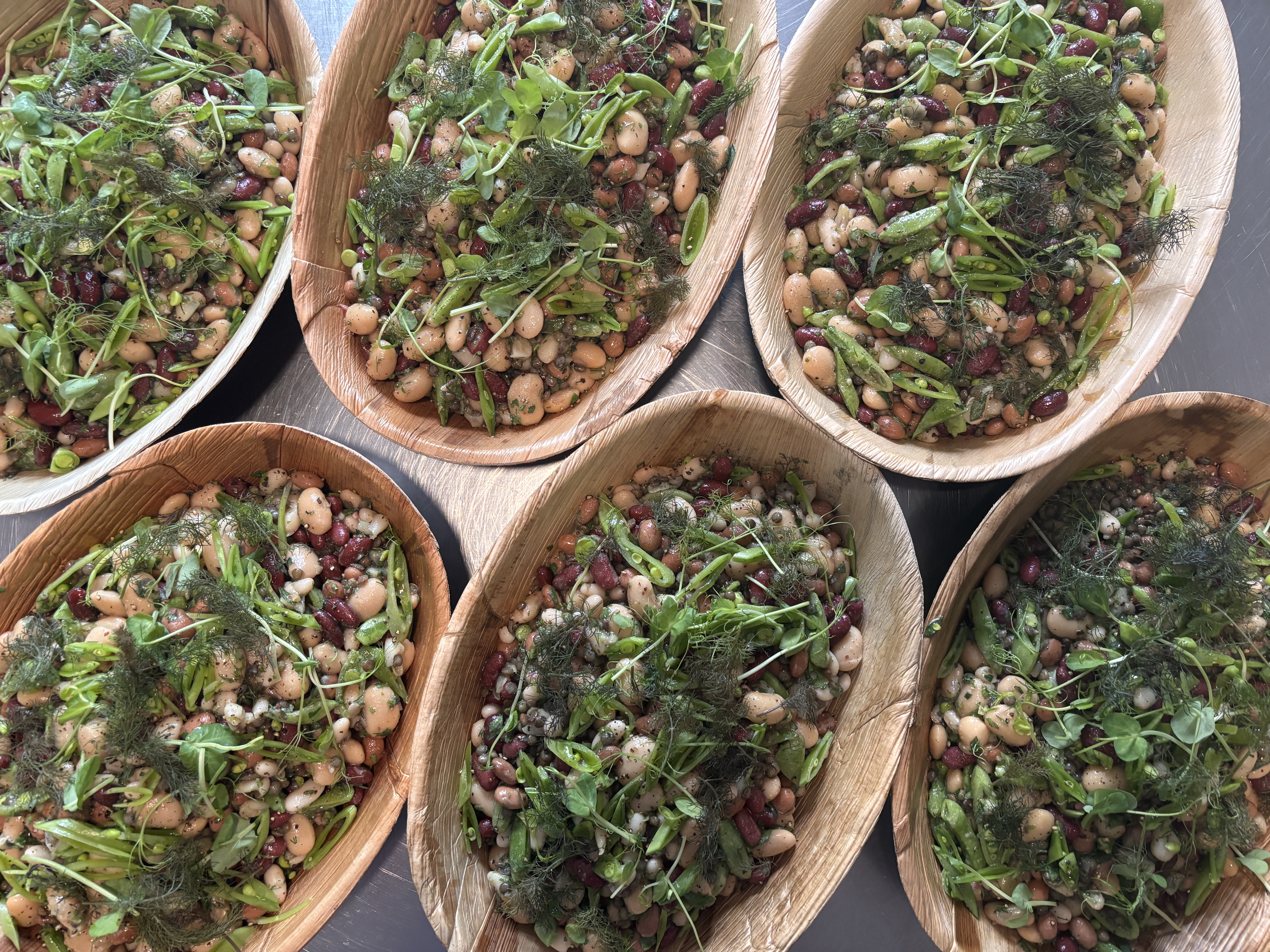 Overhead view of several wooden bowls filled with fresh bean salad with herbs, set against a neutral surface.