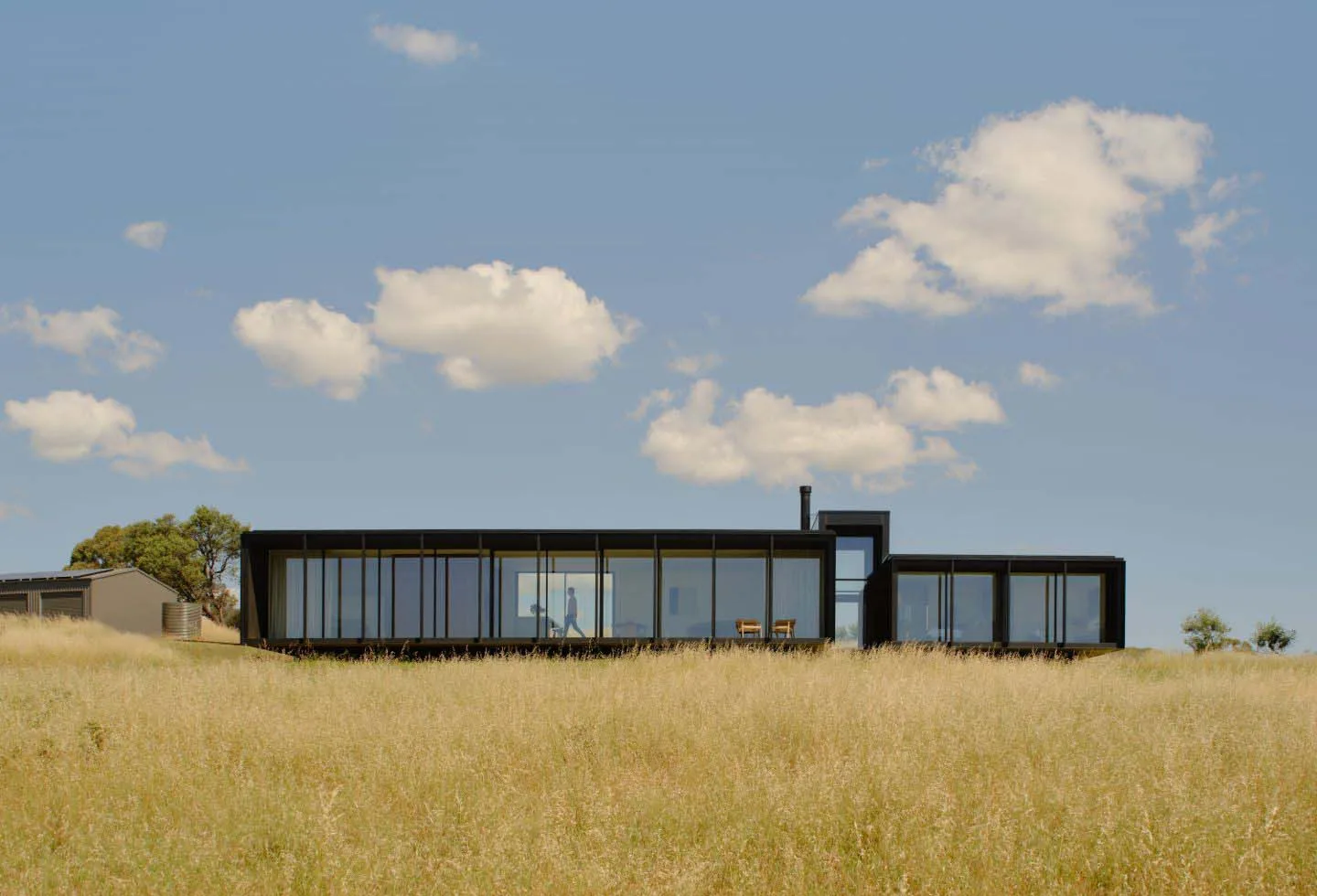 Modern glass-walled house sits in a field of tall grass under a blue sky with scattered clouds. Architecture and landscape converge.