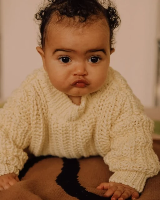 A cute baby with brown eyes and dark curly hair, wearing a cream-colored knitted sweater, is lying on a brown blanket with a black stripe.