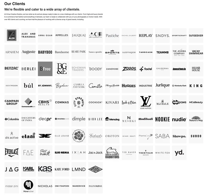 Collection of various brand client logos displayed in a grid format with corporate typography and text against a light background