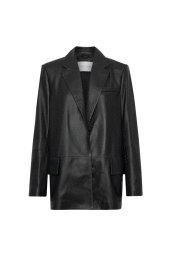 Black leather blazer jacket displayed flat on a pure white background by Virtue Creative Studios in Sydney.