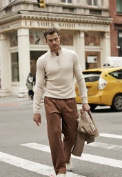 Male model in a cream zip-collar sweater and brown trousers walking across a city street with a yellow taxi in the background