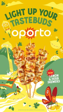 Eye-level promotional image of three lemon and herb chicken skewers set against a bright yellow background, with cartoon-style graphics.