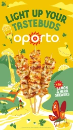 Three grilled chicken skewers styled against a vibrant yellow and green illustrated landscape poster with text.