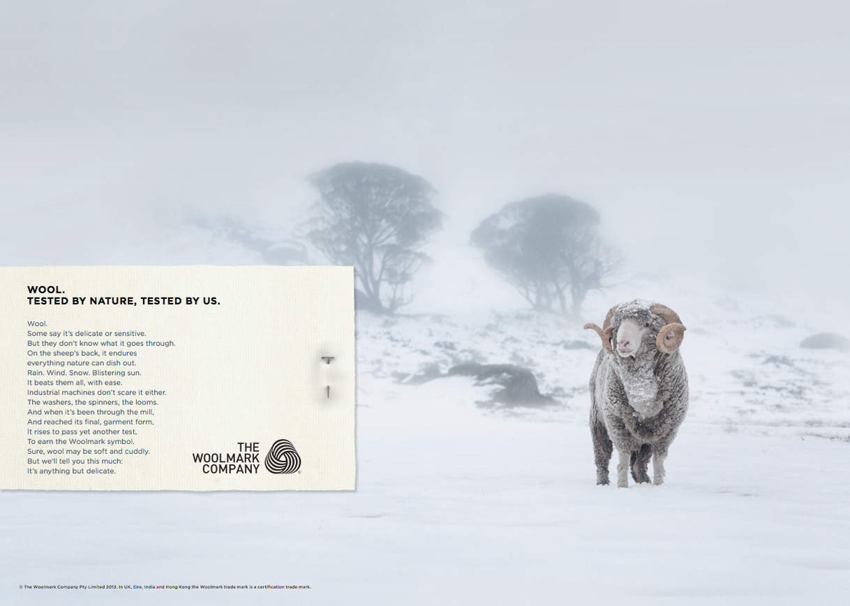 Woolmark Company advertisement features a sheep standing in a snowy field with a tag showing brand text and logo, and snowy trees.
