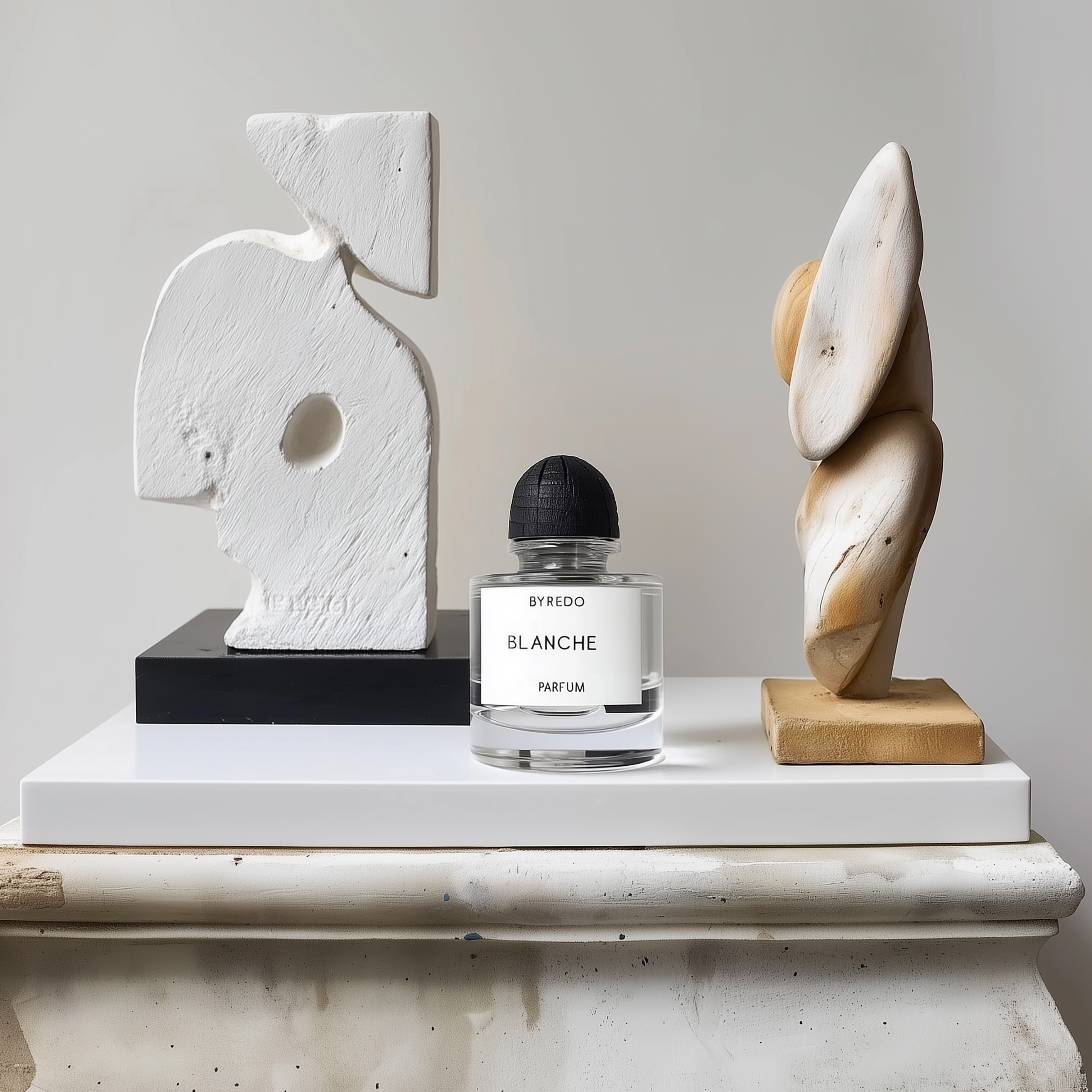 Byredo Blanche parfum bottle stands out against abstract sculptures, creating a minimalist aesthetic for beauty and fragrance advertising.