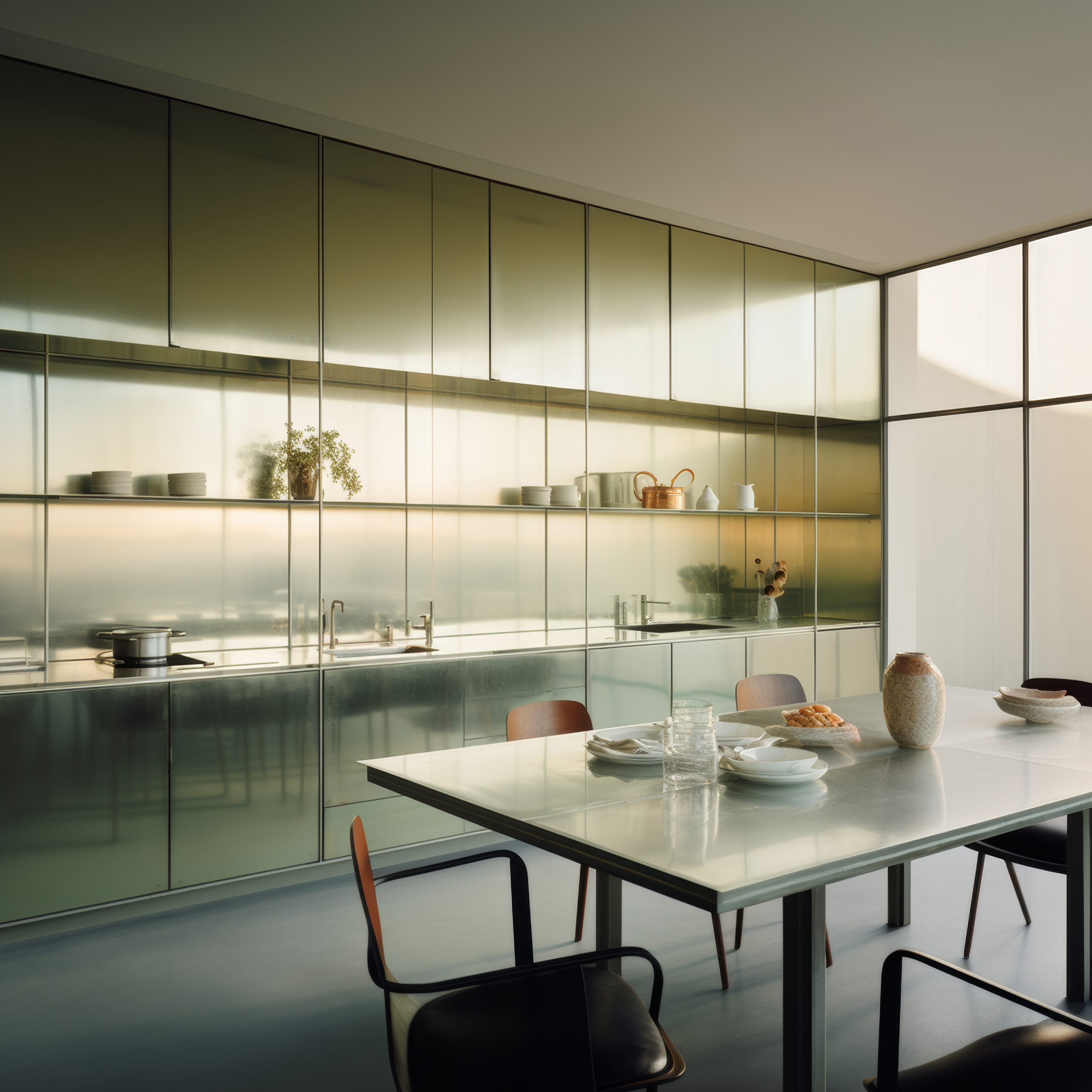 Interior shot of modern kitchen and dining area with table set for a meal, stainless steel cabinets and shelves, with natural lighting.