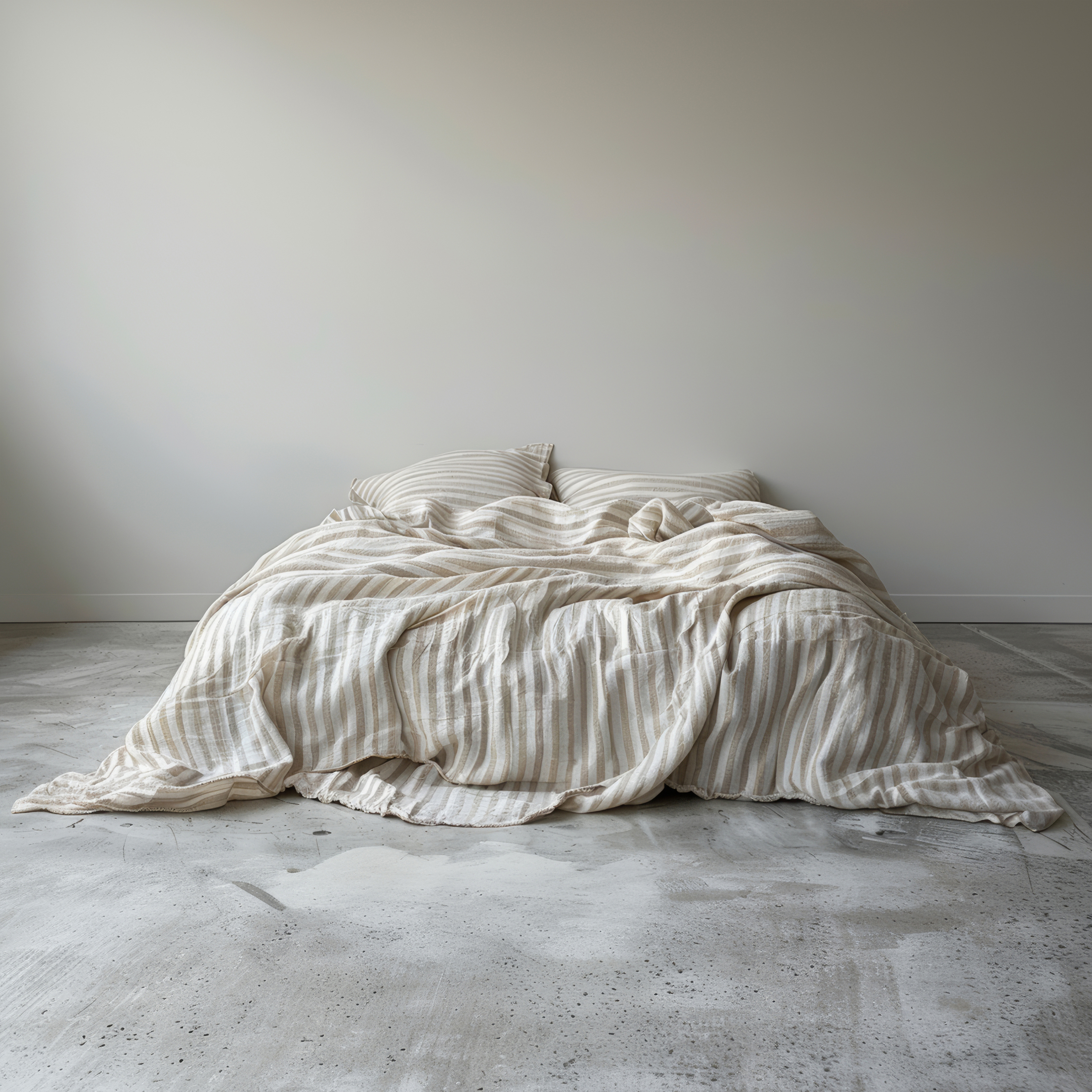 Stripped bedding on bed in neutral setting, indoor shot. Striped duvet cover and pillows. Interior with light wall and concrete floor.