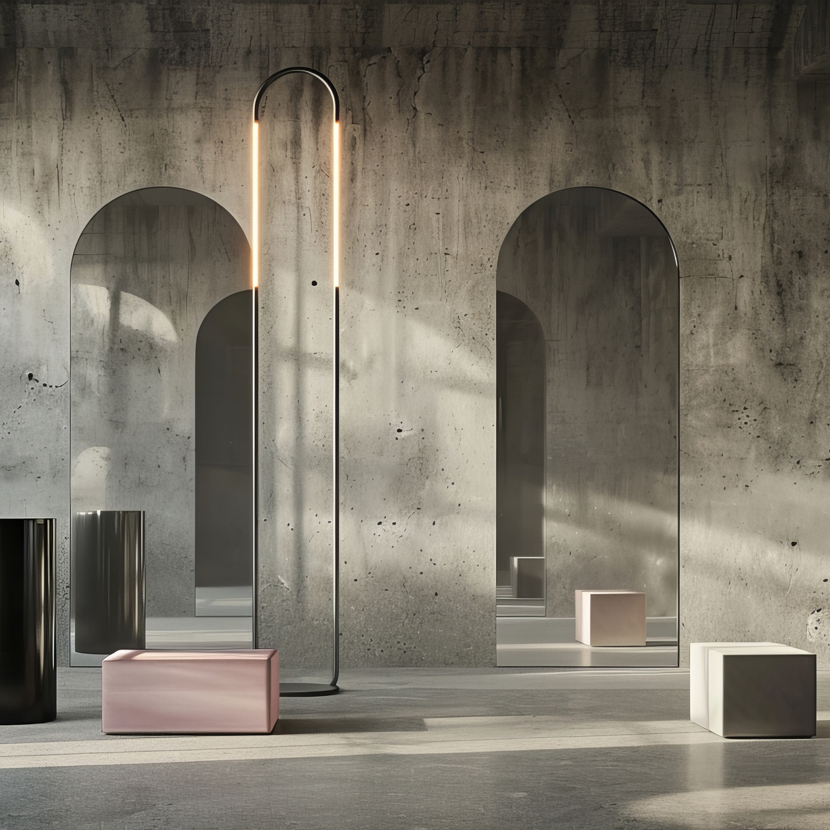 Minimalist interior featuring a slender floor lamp, geometric blocks, and arched openings in a concrete wall creating depth and modern appeal.
