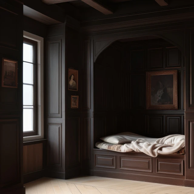 Interior of a room with dark brown woodwork, featuring a built-in daybed with white cushions, illuminated by natural light from a window.